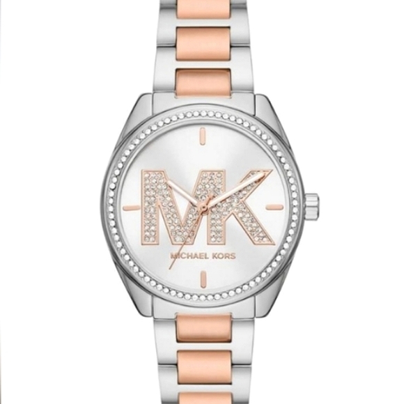 Michael Kors Janelle Women's Pave Crystal Watch MK Logo Dial Rose Gold Silver - Picture 1 of 6